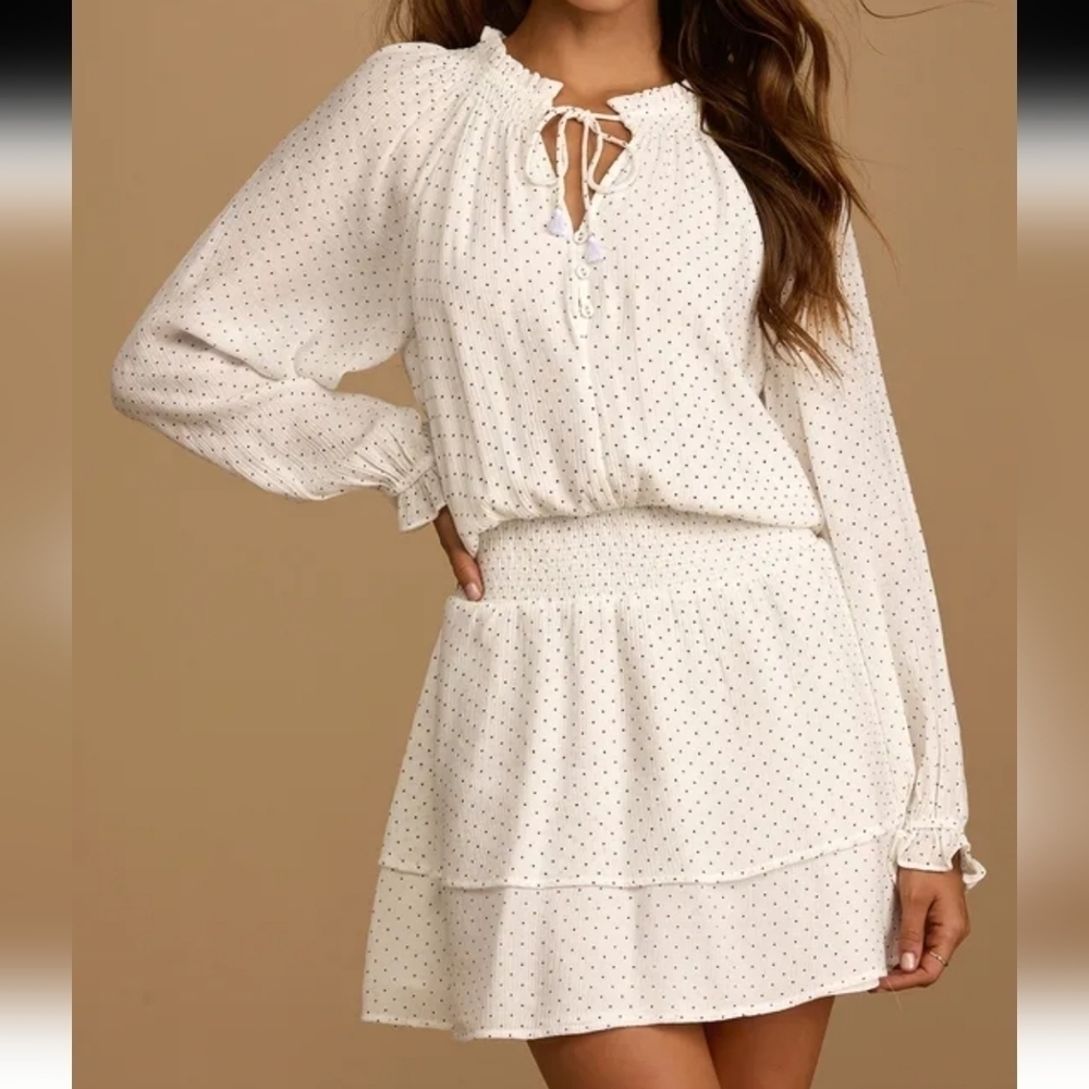 Lulu' s Charismatic Ways White Dotted Long Sleeve Mini Dress Sinched Waist Sz M